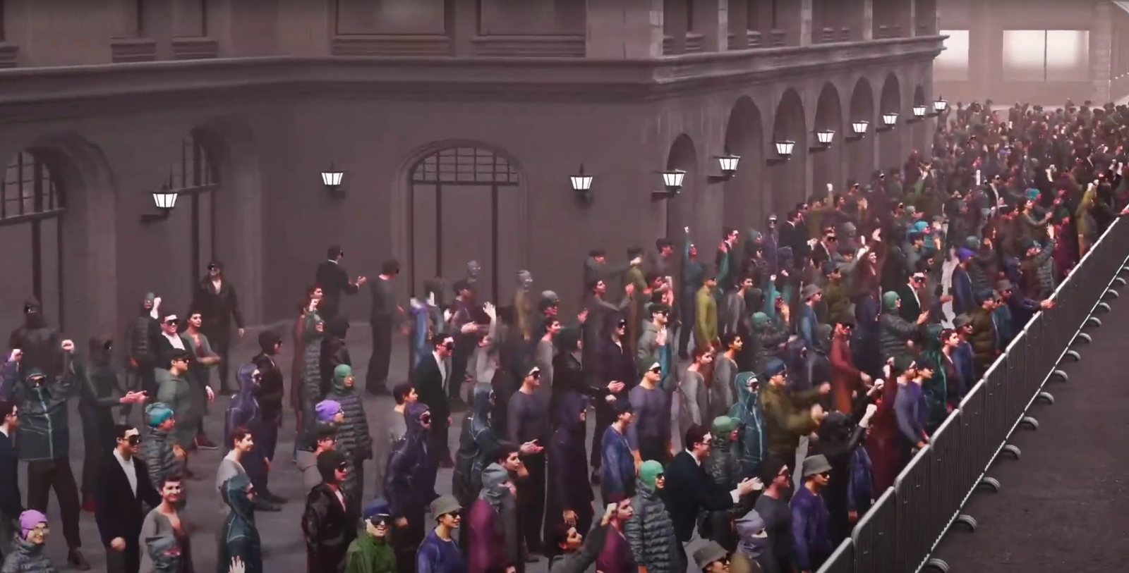 A dense digital crowd of cheering figures in varied coats, hoodies and hats lining a barrier beside an arched stone building