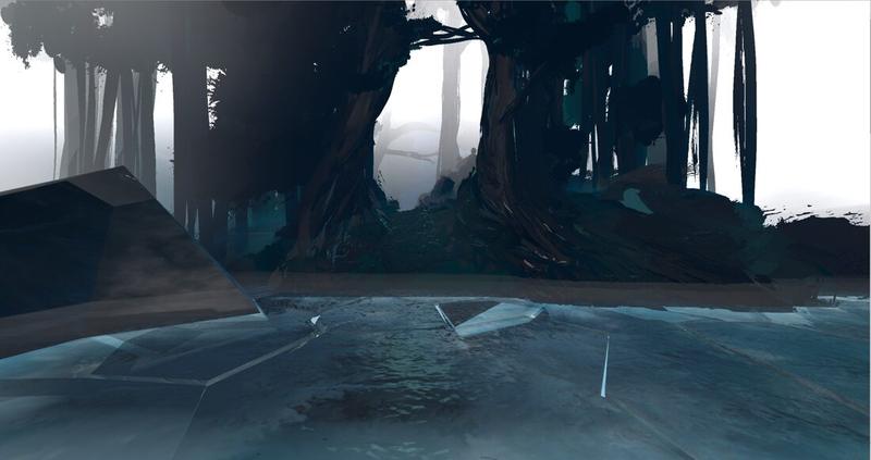 Misty forest environment from I AM AI with a sheet of fractured ice created by Ari DiMatteo