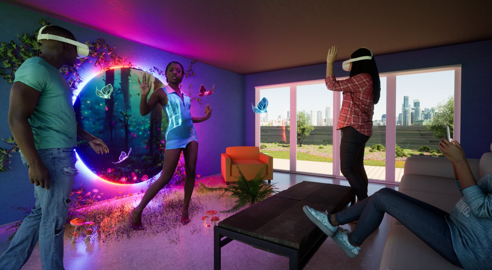 In a living room, a woman steps out of a glowing neon portal of forest light while people in VR headsets react and holographic butterflies drift past