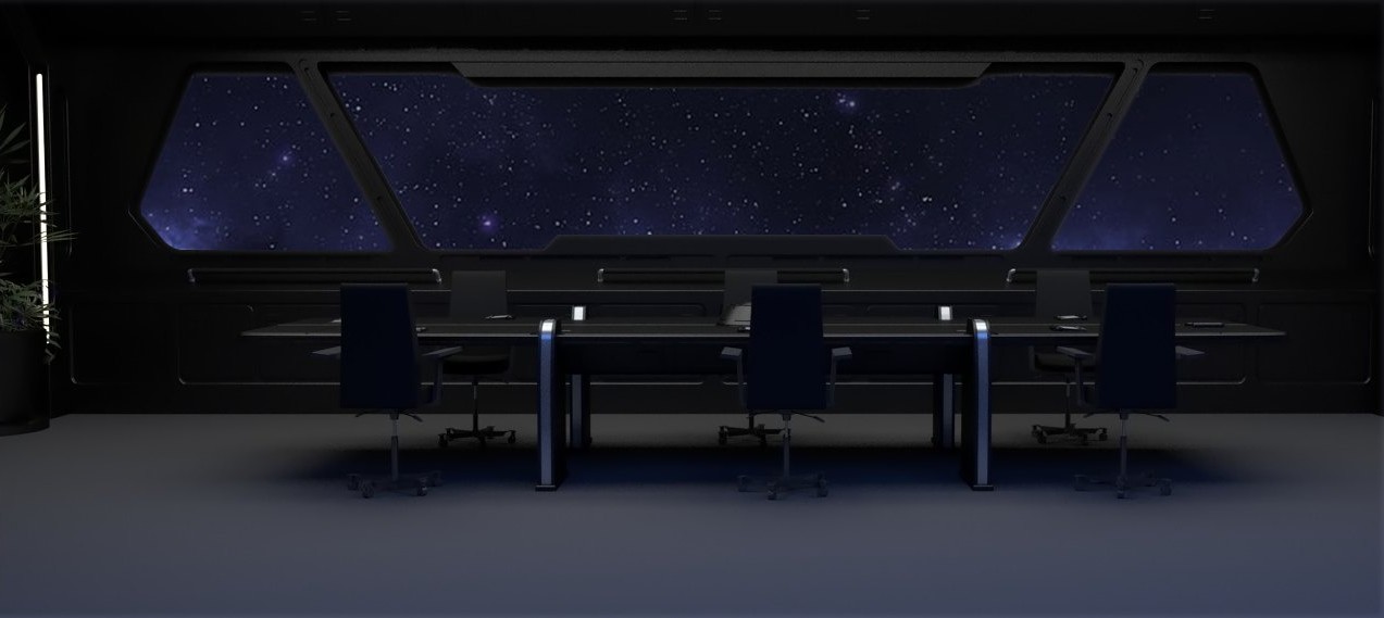 A dark spaceship command deck with rows of chairs at a long console facing wide windows onto a starfield