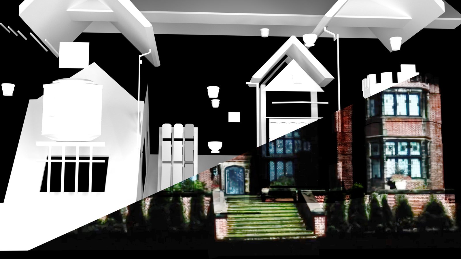 A historic house split diagonally between its white 3D projection model and the finished projection-mapped facade