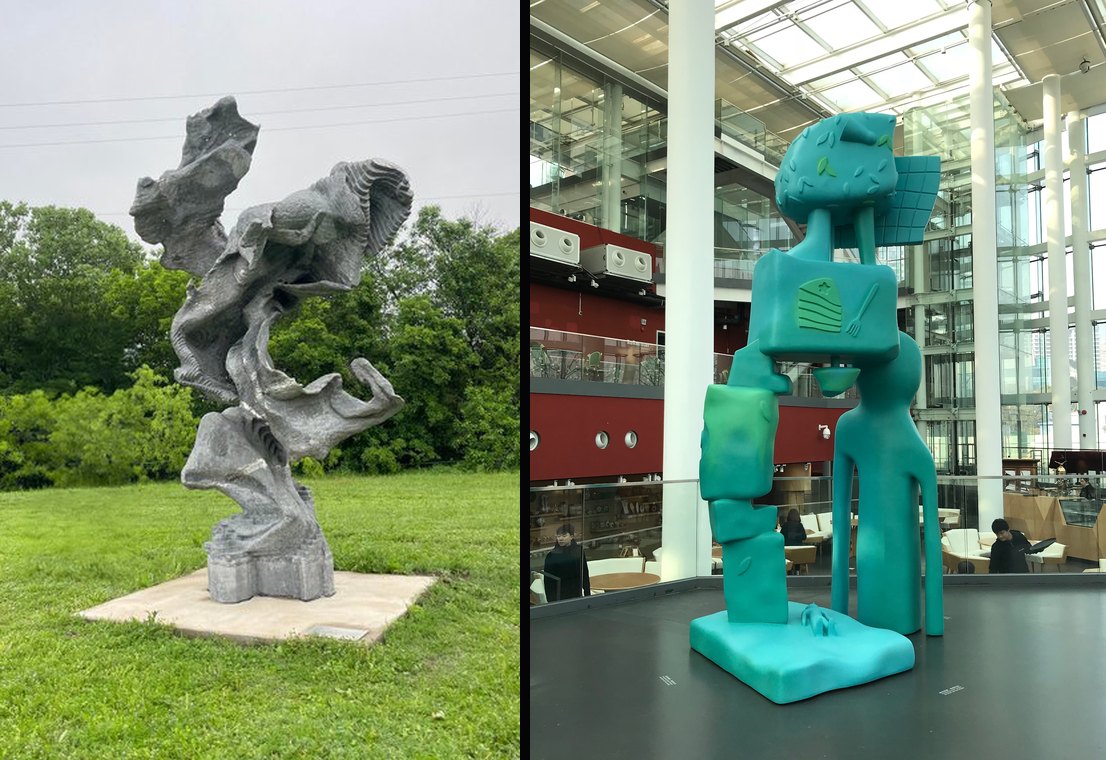 Two large sculptures side by side: Eonothem by Mike Ross, a twisting grey aluminum sculpture on a lawn, and Real Nature by Joshua Nathanson, a tall teal sculpture in a glass atrium