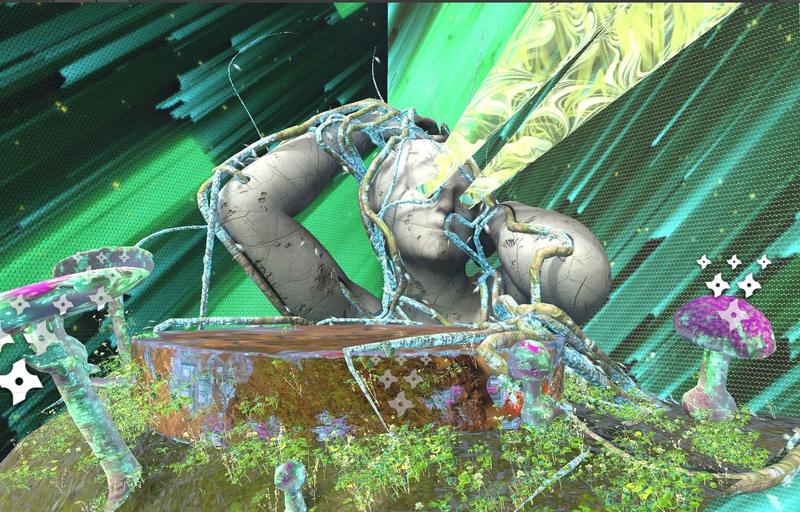 Neon green environment with a vine-wrapped stone figure from the Bout it Bout it volumetric music video