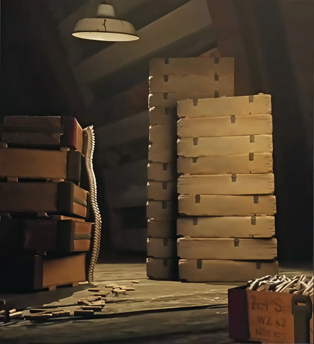 Stacks of worn wooden crates under a single hanging lamp in a dim warehouse, with brass ammunition cartridges scattered on the floor and an open crate of rounds