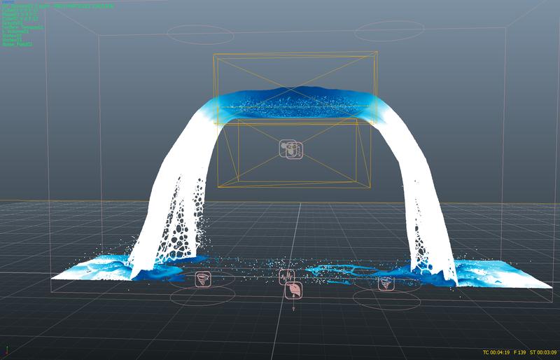 RealFlow viewport showing the waterfall simulation flowing over the entry arch