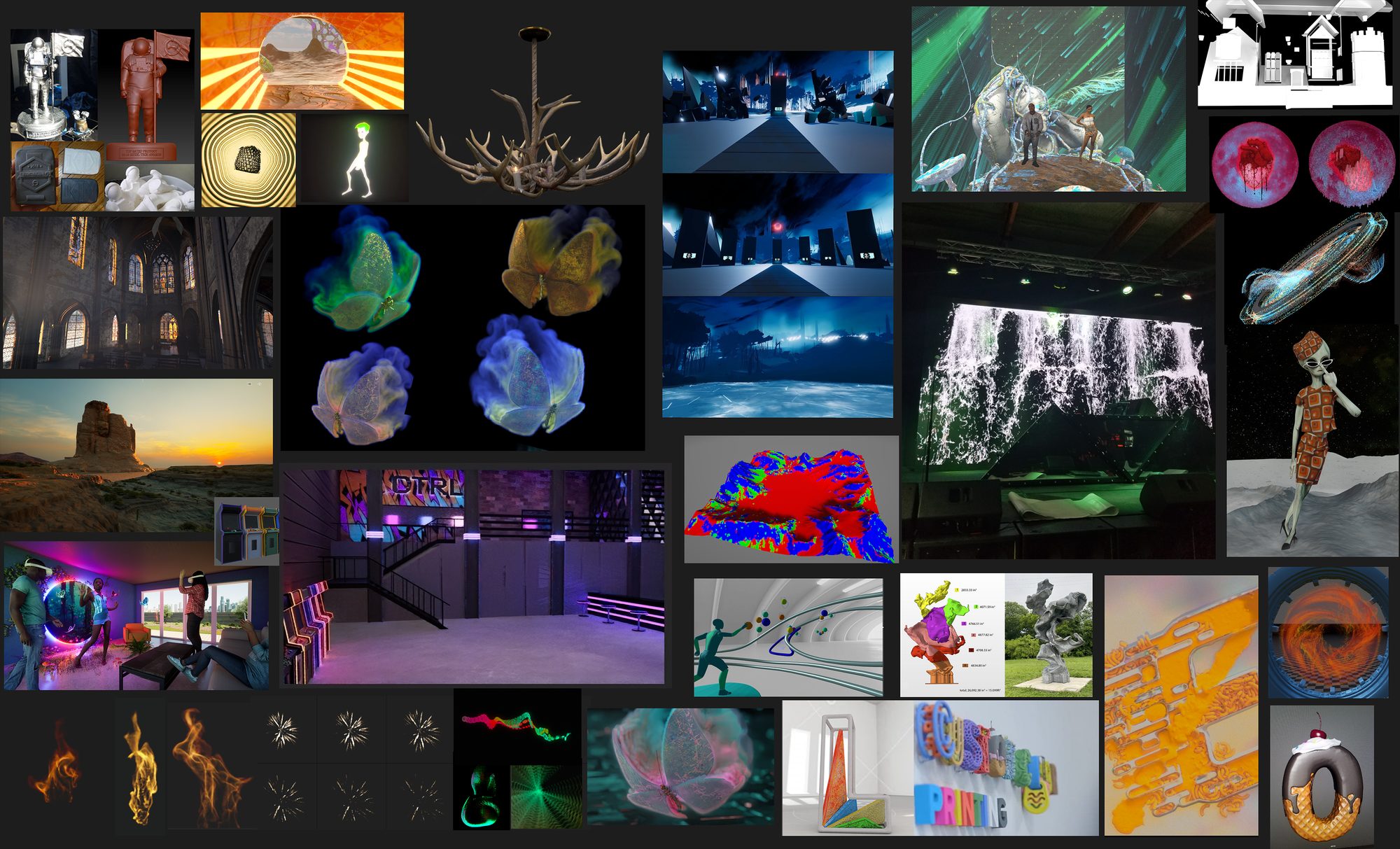 A collage of work samples: volumetric butterflies, fire and firework simulations, a white 3D model of a house built for projection mapping, a waterfall LED wall, 3D-printed pieces, an antler chandelier and VR environments